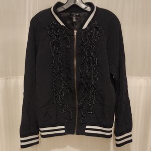 Aqua Black Bomber Jacket with Ruffle Accents